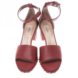 Pre Owned Valentino Red Leather Soul Rockstud Ankle Strap Block Heel Sandals Size 37