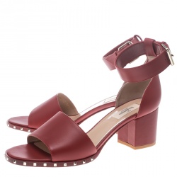 Pre Owned Valentino Red Leather Soul Rockstud Ankle Strap Block Heel Sandals Size 37