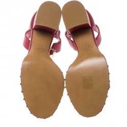 Pre Owned Valentino Red Leather Soul Rockstud Ankle Strap Block Heel Sandals Size 37