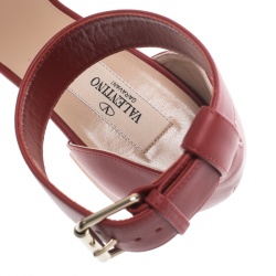 Pre Owned Valentino Red Leather Soul Rockstud Ankle Strap Block Heel Sandals Size 37