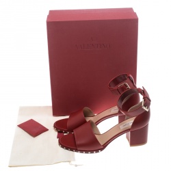 Pre Owned Valentino Red Leather Soul Rockstud Ankle Strap Block Heel Sandals Size 37