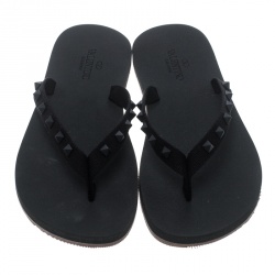 Pre Owned Valentino Black Rockstud Fabric Thong Sandals Size 39