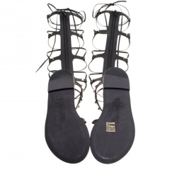 Pre Owned Valentino Black Leather Knee High Rockstud Gladiator Flat Sandals Size 36.5