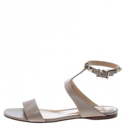 Pre Owned Valentino Beige Leather Rockstud Ankle Strap Flat Sandals Size 37