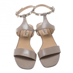 Pre Owned Valentino Beige Leather Rockstud Ankle Strap Flat Sandals Size 37