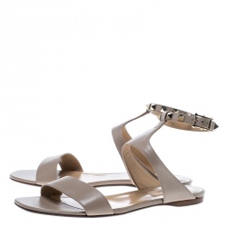 Pre Owned Valentino Beige Leather Rockstud Ankle Strap Flat Sandals Size 37