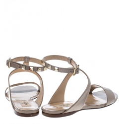 Pre Owned Valentino Beige Leather Rockstud Ankle Strap Flat Sandals Size 37
