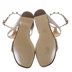 Pre Owned Valentino Beige Leather Rockstud Ankle Strap Flat Sandals Size 37