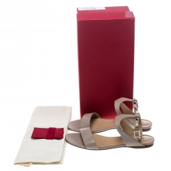 Pre Owned Valentino Beige Leather Rockstud Ankle Strap Flat Sandals Size 37