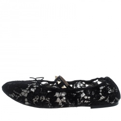 Pre Owned Valentino Black Lace Rockstud Bow Detail Ballet Flats Size 38
