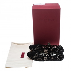 Pre Owned Valentino Black Lace Rockstud Bow Detail Ballet Flats Size 38