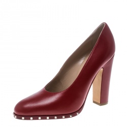Pre Owned Valentino Red Leather Soul Rockstud Block Heel Pumps Size 38.5