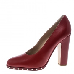 Pre Owned Valentino Red Leather Soul Rockstud Block Heel Pumps Size 38.5