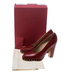 Pre Owned Valentino Red Leather Soul Rockstud Block Heel Pumps Size 38.5