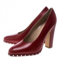 Pre Owned Valentino Red Leather Soul Rockstud Block Heel Pumps Size 40