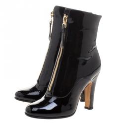 Pre Owned Valentino Black Patent Leather Zip Detail Mid Calf Boots Size 38