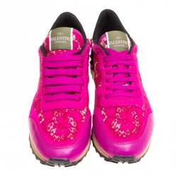 Pre Owned Valentino Fuchsia Pink Leather and Macramé Lace Sneakers Size 37