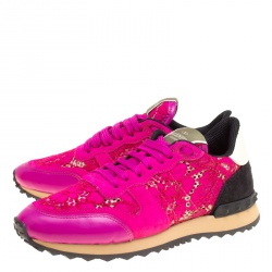 Pre Owned Valentino Fuchsia Pink Leather and Macramé Lace Sneakers Size 37