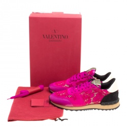 Pre Owned Valentino Fuchsia Pink Leather and Macramé Lace Sneakers Size 37
