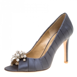 Pre Owned Valentino Dark Grey Pleated Satin Pearl and Crystal Brooch Embellished Peep Toe Pumps Size 36.5