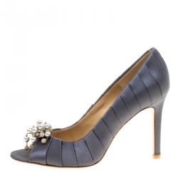 Pre Owned Valentino Dark Grey Pleated Satin Pearl and Crystal Brooch Embellished Peep Toe Pumps Size 36.5