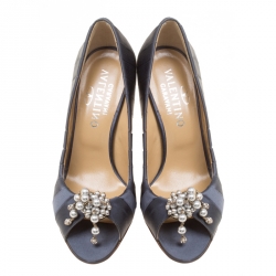 Pre Owned Valentino Dark Grey Pleated Satin Pearl and Crystal Brooch Embellished Peep Toe Pumps Size 36.5