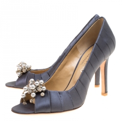 Pre Owned Valentino Dark Grey Pleated Satin Pearl and Crystal Brooch Embellished Peep Toe Pumps Size 36.5