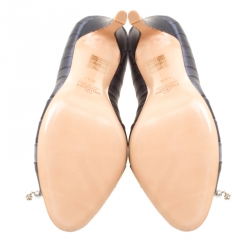 Pre Owned Valentino Dark Grey Pleated Satin Pearl and Crystal Brooch Embellished Peep Toe Pumps Size 36.5