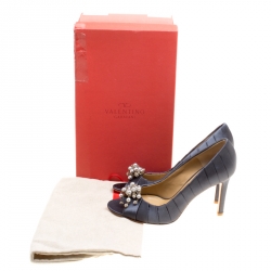 Pre Owned Valentino Dark Grey Pleated Satin Pearl and Crystal Brooch Embellished Peep Toe Pumps Size 36.5