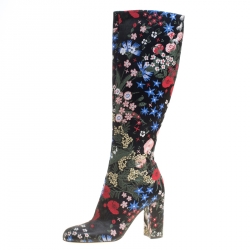 Pre Owned Valentino Black Spring Garden Brocade Knee Length Boots Size 37