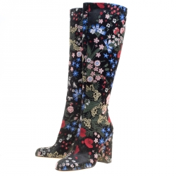 Pre Owned Valentino Black Spring Garden Brocade Knee Length Boots Size 37