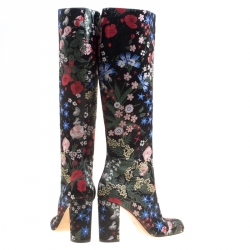 Pre Owned Valentino Black Spring Garden Brocade Knee Length Boots Size 37