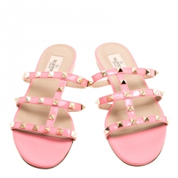 Pre Owned Valentino Pink Patent Leather Rockstud Cage Flat Slides Size 38