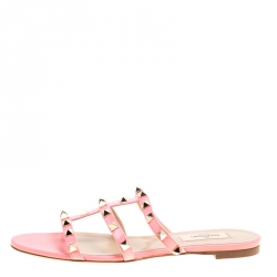 Pre Owned Valentino Pink Patent Leather Rockstud Cage Flat Slides Size 38
