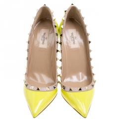 Pre Owned Valentino Yellow Patent Leather Rockstud Pointed Toe Pumps Size 38.5