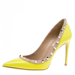 Pre Owned Valentino Yellow Patent Leather Rockstud Pointed Toe Pumps Size 38.5