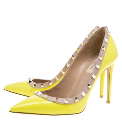 Pre Owned Valentino Yellow Patent Leather Rockstud Pointed Toe Pumps Size 38.5