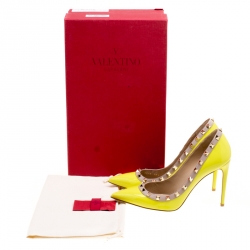 Pre Owned Valentino Yellow Patent Leather Rockstud Pointed Toe Pumps Size 38.5