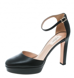 Pre Owned Valentino Black Leather Ankle Strap Platform Pumps Size 39