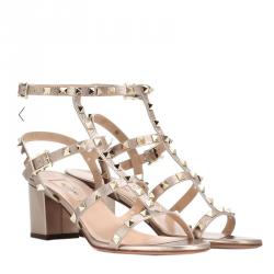Pre Owned Valentino Metallic Leather Cage Rockstud Block Heel Sandals Size 37