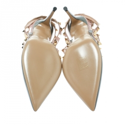 Pre Owned Valentino Grey and Beige Patent Leather Rockstud Ankle Strap Sandals Size 38