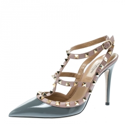 Pre Owned Valentino Grey and Beige Patent Leather Rockstud Ankle Strap Sandals Size 38
