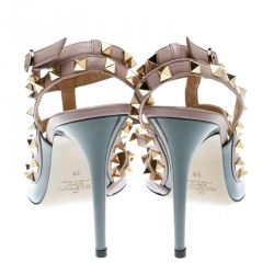 Pre Owned Valentino Grey and Beige Patent Leather Rockstud Ankle Strap Sandals Size 38