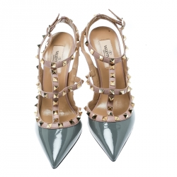 Pre Owned Valentino Grey and Beige Patent Leather Rockstud Ankle Strap Sandals Size 38