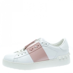 Pre Owned Valentino White and Blush Pink Band Leather Open Low Top Sneakers Size 36