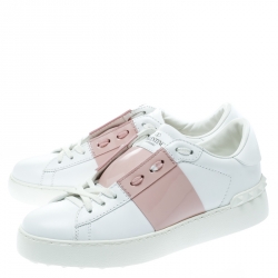 Pre Owned Valentino White and Blush Pink Band Leather Open Low Top Sneakers Size 36