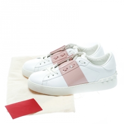 Pre Owned Valentino White and Blush Pink Band Leather Open Low Top Sneakers Size 36