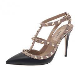 مملوكة مسبقًا صندل فالنتينو ترصيعات روكستاد جلد أسود وبيج مقاس 36