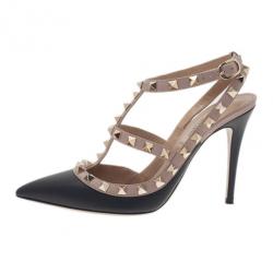 مملوكة مسبقًا صندل فالنتينو ترصيعات روكستاد جلد أسود وبيج مقاس 36