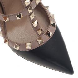 مملوكة مسبقًا صندل فالنتينو ترصيعات روكستاد جلد أسود وبيج مقاس 36